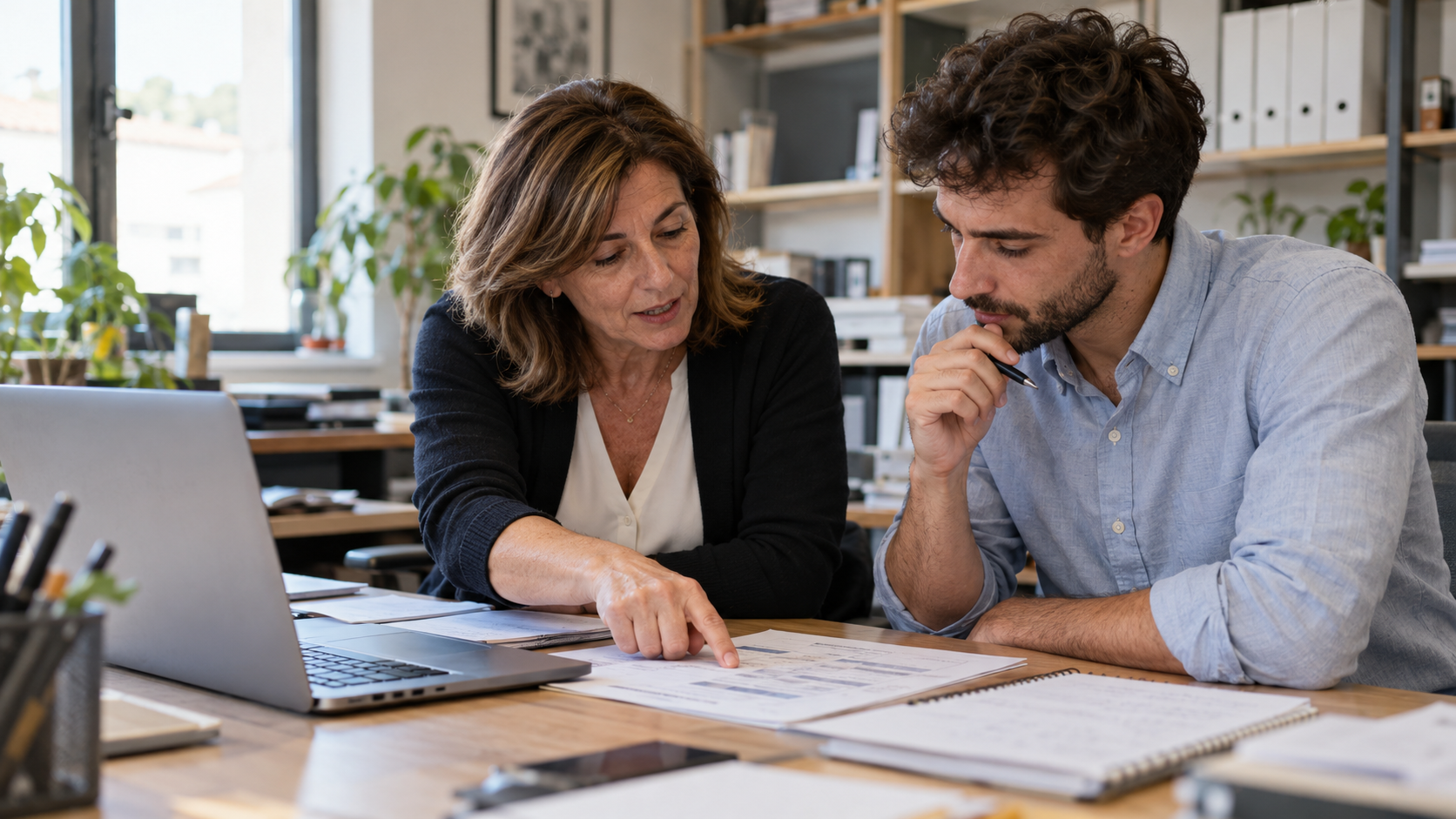 Una professionista affianca un collega nell’analisi di una procedura aziendale
